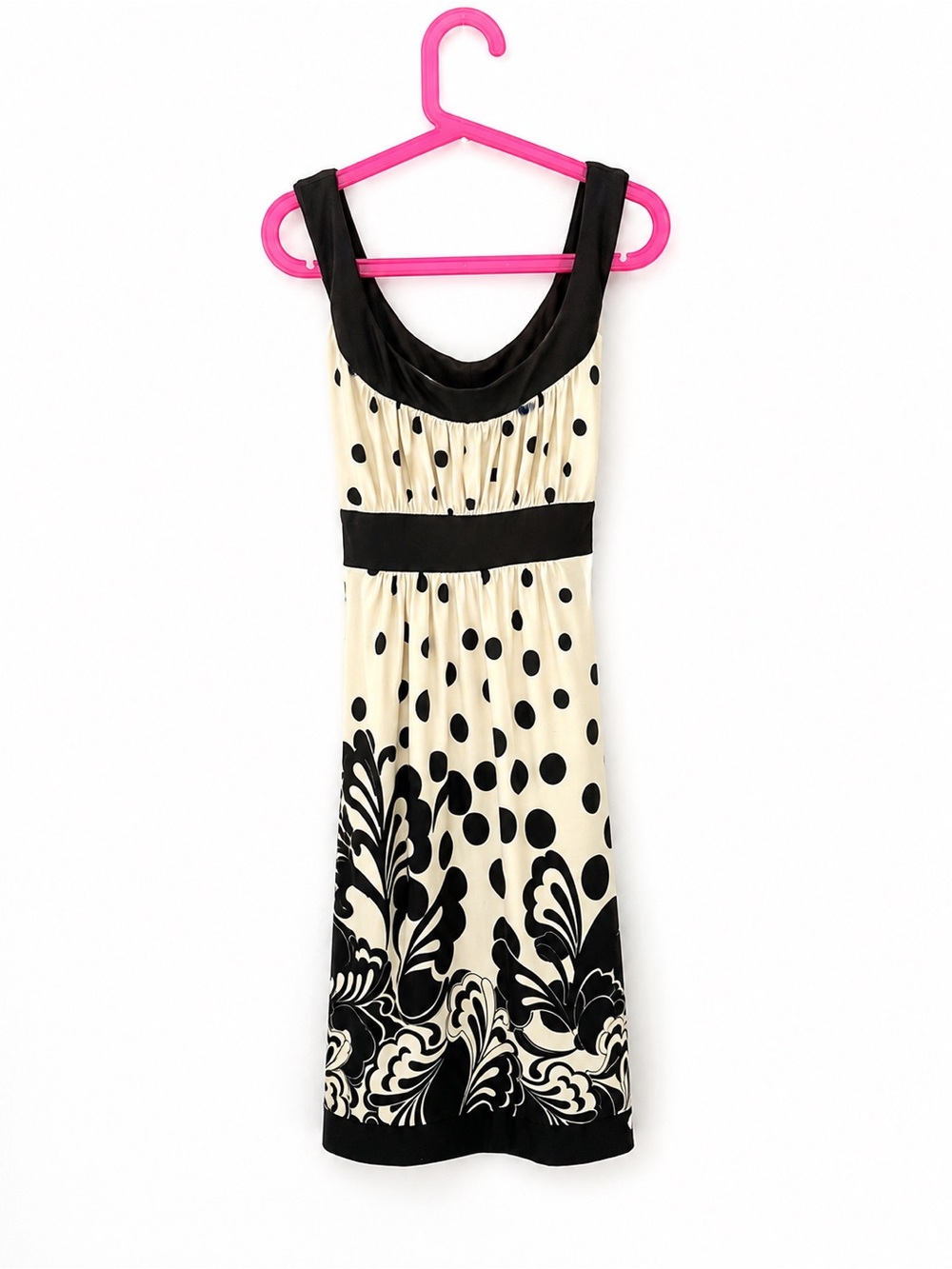 B. Smart Cream and Black Polka Dot Midi Dress with Floral Border
